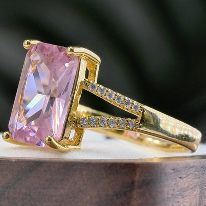 Rectangular pink stone double band arm four claw ring